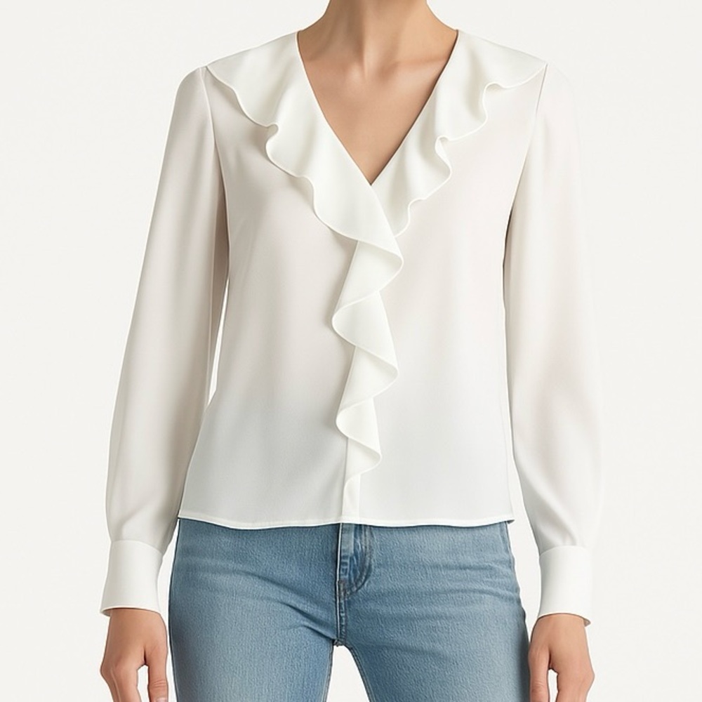 H&M White Flowy Clean Cut Ruffled Frill Blouse Classic Top size 2 XS